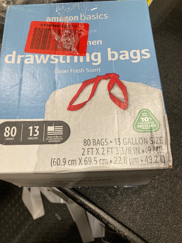 Photo 1 of ***USED -MISSING PIECES -SELLING AS IS *** Amazon Basics 13 Gallon Tall Kitchen Drawstring Trash Bags, Clean Fresh Scent, 10% Post Consumer Recycled Material, 80 Count