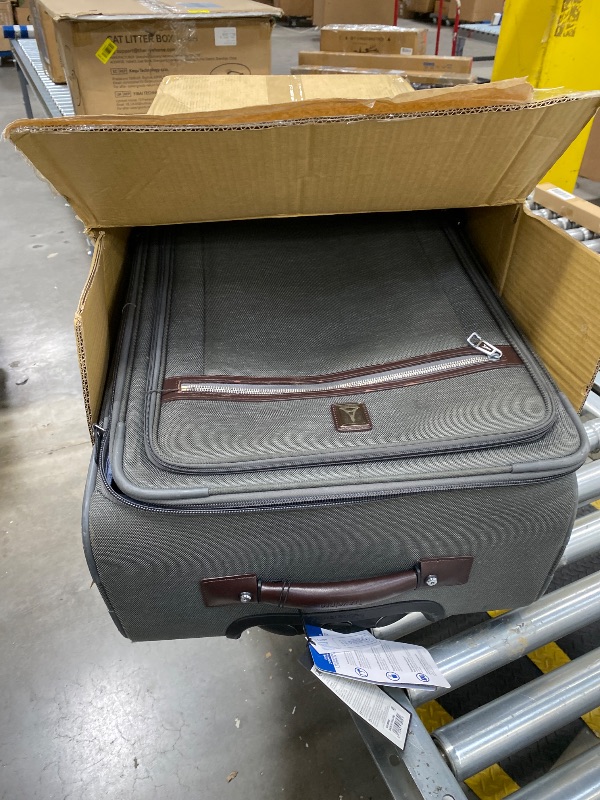 Photo 1 of ***DAMAGED WHEEL -SELLING AS IS *** Travelpro Platinum Elite Softside Expandable Checked Luggage, 8 Wheel Spinner Suitcase, TSA Lock, Men and Women, Vintage Grey, Checked Medium 25-Inch