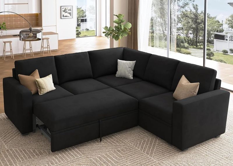 Photo 1 of  Sectional Sleeper Sofa with Pull Out Bed, Velvet L Shaped Couch with Storage Seat, Modular Sectional Couches for Living Room, Black