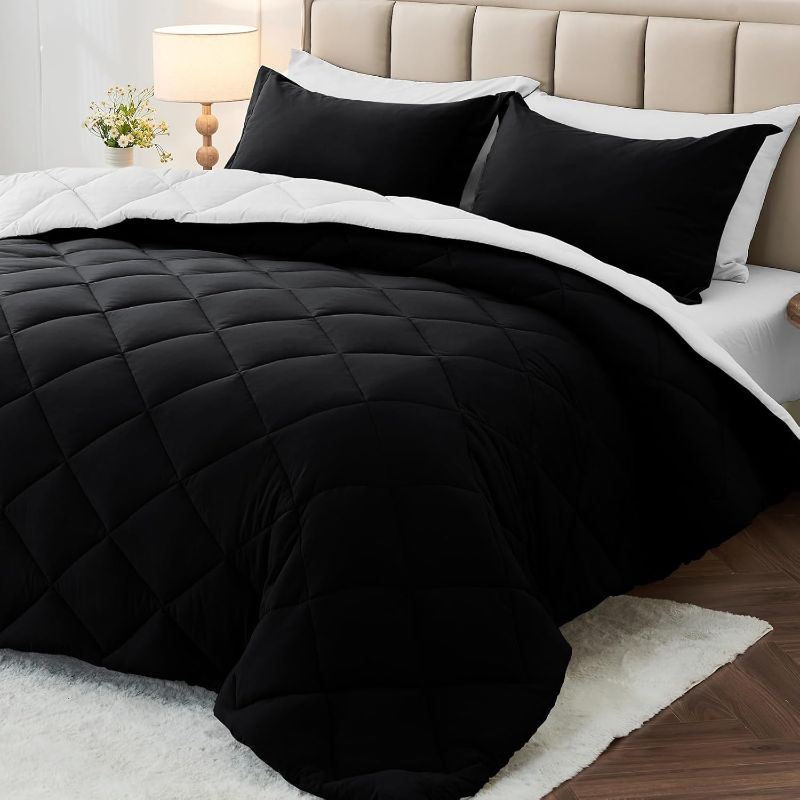 Photo 1 of  Reversible Bed in a Bag Full Size, All Season Bedding Set with Comforter, Flat Sheet, Fitted Sheet, Pillowcases & Shams, Black & White