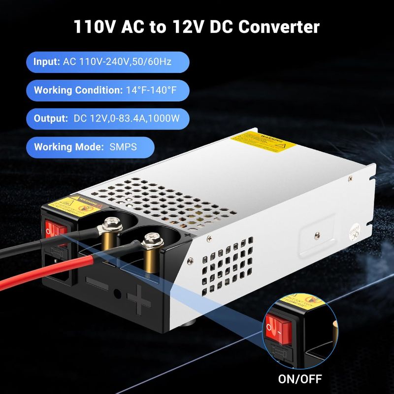 Photo 1 of 1000W Converter, 110V AC to 12V DC Converter Power SupplyMax Current 83A DC Switch Transformer for RV,Pump,LED Strip, LCD Monitor