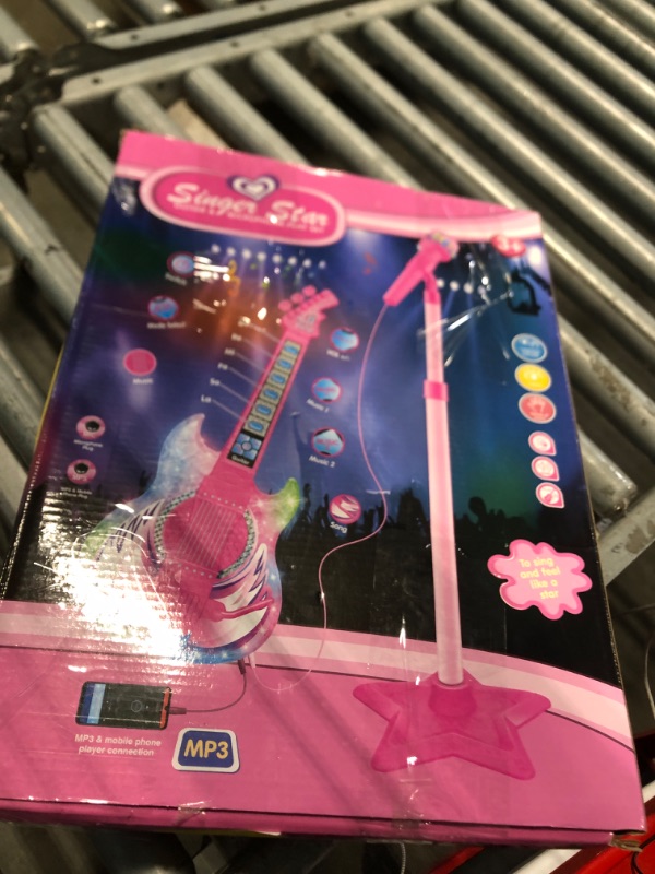 Photo 1 of ** MICROPHONE BROKEN ** TAKIHON Guitar and Microphone Set for Kids,Guitar Toys with Music&Colorful Light,Adjustable Height Microphone with Stand,Karaoke Toys Gift for Boy,Girls,Toddlers(Red)-Upgraded