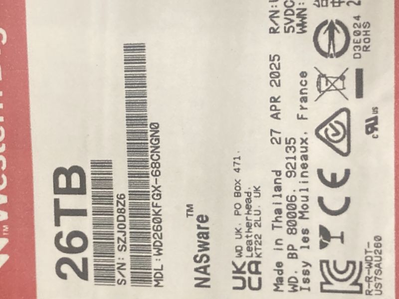 Photo 1 of ******* S/N SZJ0D8Z6  ****** Western Digital 26TB WD Red Pro NAS Internal Hard Drive HDD - 7200 RPM, SATA 6 Gb/s, CMR, 512 MB Cache, 3.5" - WD260KFGX