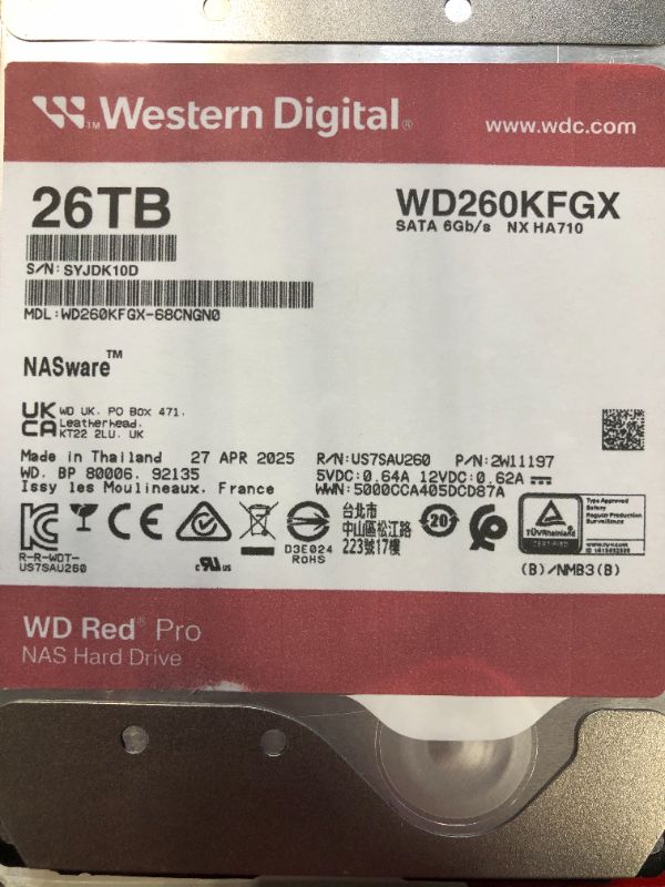 Photo 1 of ***** S/N SYJDK10D   ****** Western Digital 26TB WD Red Pro NAS Internal Hard Drive HDD - 7200 RPM, SATA 6 Gb/s, CMR, 512 MB Cache, 3.5" - WD260KFGX