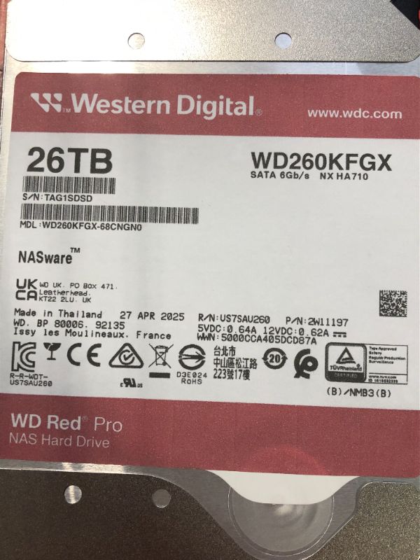 Photo 1 of *** S/N TAG1SDSD  **** Western Digital 26TB WD Red Pro NAS Internal Hard Drive HDD - 7200 RPM, SATA 6 Gb/s, CMR, 512 MB Cache, 3.5" - WD260KFGX
