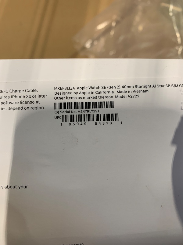 Photo 1 of **** S/N  M34YRLY29T  ******   **** MISSING CHARGER ***** Apple Watch SE (2nd Gen) [GPS 40mm] Smartwatch with Starlight Aluminum Case with Starlight Sport Band S/M. Fitness and Sleep Trackers, Crash Detection, Heart Rate Monitor, Retina Display