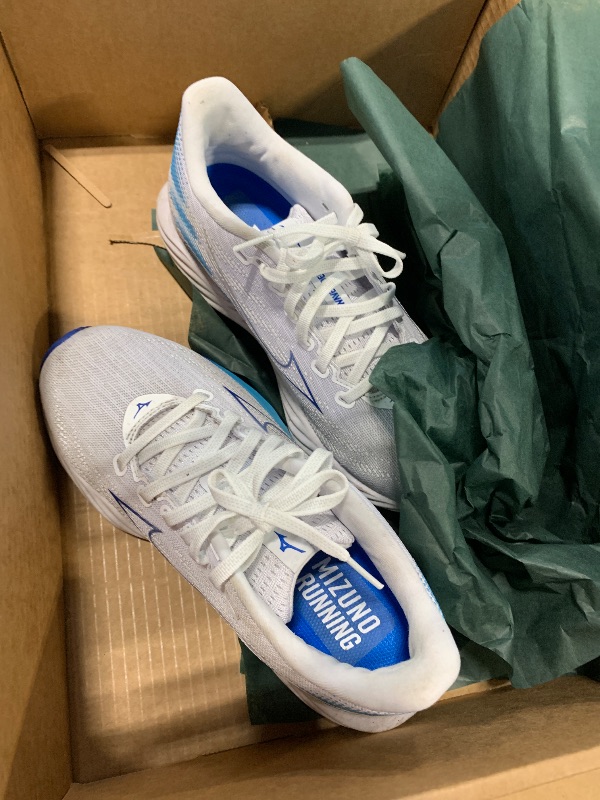 Photo 1 of ** VERY USED*** Mizuno Womens Wave Rider 28 Running Shoe, White-Mugen Blue, 7.5