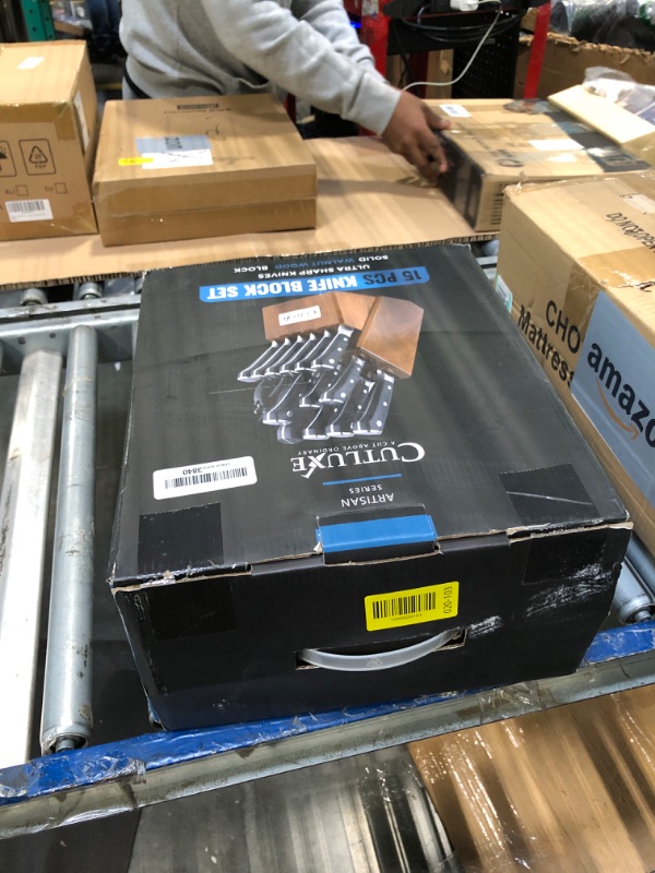 Photo 1 of ** wood block**
Cutluxe 15-Piece Knife Set – High Carbon German Steel Blades, Full Tang Design & Ergonomic Pakkawood Handles in Walnut Wood Block – Artisan Series