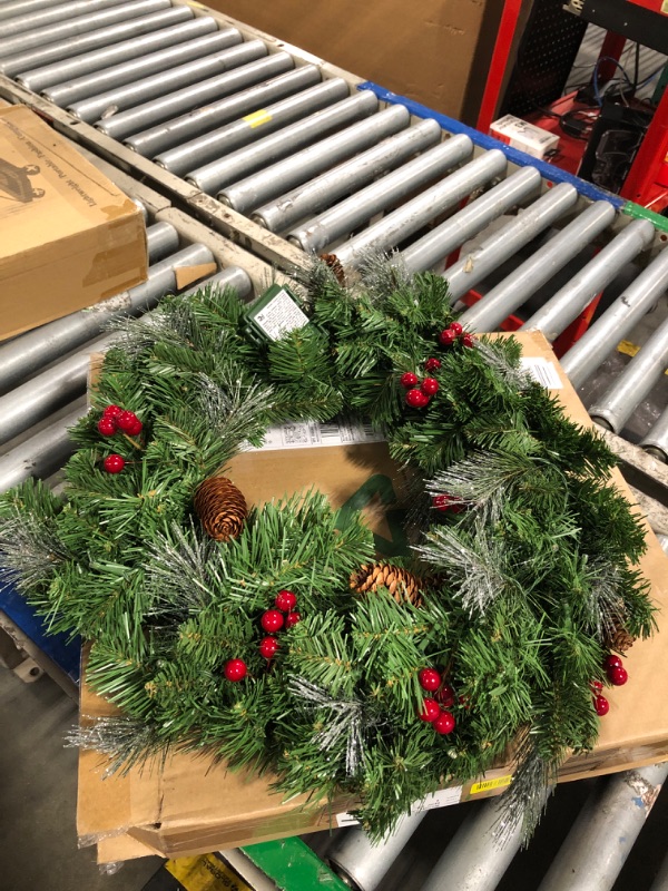 Photo 1 of ** NEEDS BATTERIES**
National Tree Company 24 in Pre-Lit Crestwood Spruce Artificial Christmas Wreath, Christmas Decoration with Glitter, Pinecones, Red Berries, 50 Clear LED Lights, 160 Tips, Timer, Green
