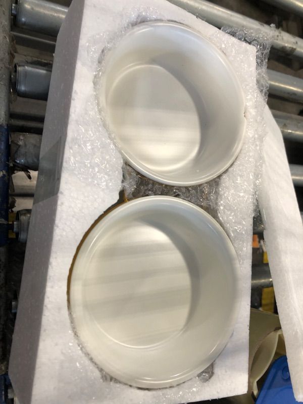 Photo 1 of ** 1 BOWL IS CHIPPED ON THE RIM ** Elevated Dog Bowls for Small Dogs - 2 Ceramic Bowls with Gold Iron Stand - Raised Pet Dish Set for Food and Water - Comfortable Feeding