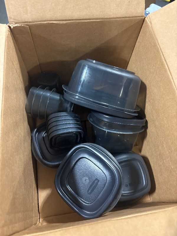 Photo 1 of ***MISSING PIECES*** ***READ CLERK NOTES*** Rubbermaid 28-Piece Clear/Grey Food Storage Containers, Premium Snap Bases, and Various Size Lids, Perfect for Meal Prep, Leftovers, and Dishwasher Safe