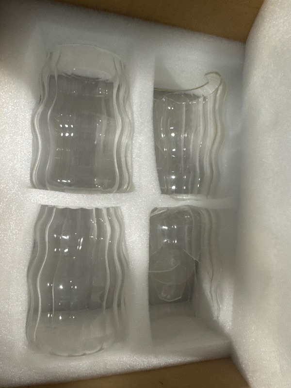 Photo 1 of ***There are two broken glasses and two glasses in good condition.****** 4 Pack Ribbed Aesthetic Glass Cups with Glass Straw, 16Oz Vintage Drinking Glassware Ripple Cocktail Glasses for Iced Coffee Juice Beverage Milk RibbedGlassCups-4pc