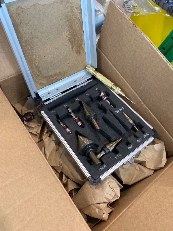Photo 1 of *MISSING PARTS UNKNOWN*
Rocaris 5 Pack Step Drill Bit & 5 Pack Countersink Drill Bit Set, Titanium Coated, 50 Sizes of Step Bit for Metal with Aluminum Case, Multiple Hole Stepped Up Bits for DIY