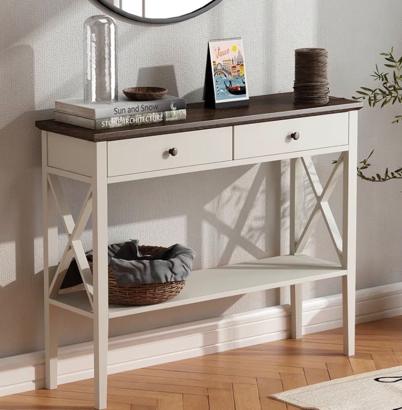Photo 1 of *** SIMILAR IMAGE UNKNOWN SIZE OR MODEL COLOR GREY**ChooChoo Farmhouse Console Table with Drawers, Narrow Wood Accent Sofa Table Entryway Table with Storage Shelf for Entryway, Front Hall, Hallway, Living Room, Antique White & Brown