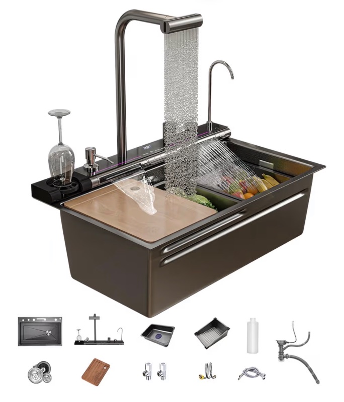 Photo 1 of Dual Waterfall Kitchen Sink Modern Kitchen Sink Single Bowl Digital Smart Sink with Soap Dispenser Stainless Steel Sink with Pull-Out Faucet Workstation Sink with Honeycomb
