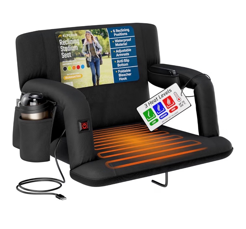Photo 1 of *** SIMILAR IMAGE UNKNOWN SIZE OR MODEL**Alpcour Heated Reclining Stadium Seat for Bleachers – Wide Bleacher Chair with Back Support and Cushion, Armrests, Side Pockets, & Hook – Stadium Seats Chairs for Camping, Kayak, Paddle Board & More