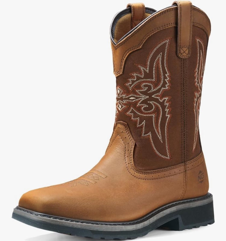 Photo 1 of ** SIMILAR IMAGE DIRTY***NINGO Men's Cowboy Boots Square Steel Toe, Full-Grain Leather & Oxford Splicing, Non-Slip Western Comfortable Work Boots with EH Protection, for Construction, Farming and Outdoor Work size 10