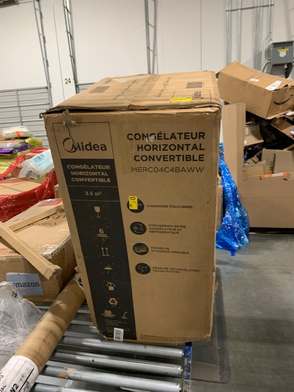 Photo 1 of **MINOR DAMAGE - USED**
Midea MERC04C4BAWW Chest Freezer, 3.5 Cubic Feet Freezer With Removable Basket, Interior LED Light, Adjustable Temperature, For Kitchen Apartment Office, White