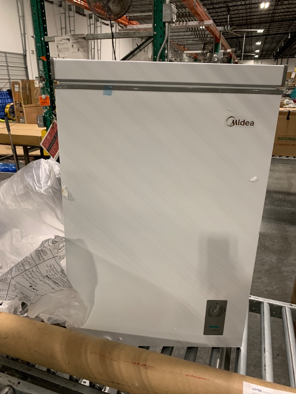 Photo 1 of **MINOR DAMAGE - USED**
Midea MERC04C4BAWW Chest Freezer, 3.5 Cubic Feet Freezer With Removable Basket, Interior LED Light, Adjustable Temperature, For Kitchen Apartment Office, White
