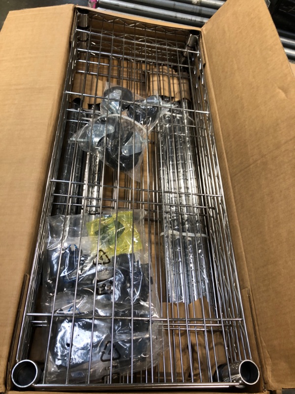 Photo 1 of ** FACTORY SEALED**Amazon Basics 4-Shelf Adjustable, Heavy Duty Storage Shelving Unit with Wheels for Easy Assembly, for Garage or Kitchen Use, Metal Organizer Wire Rack, 36" L x 14" W x 57.8" H, Chrome
