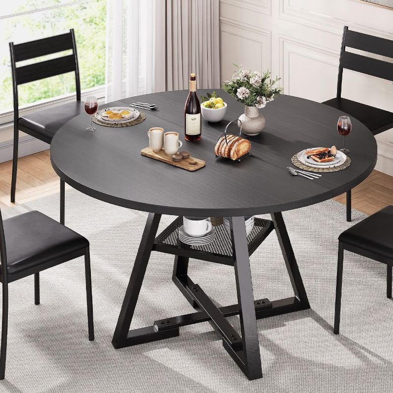 Photo 1 of ** ONLY TABLE** Round Dining Table , Kitchen Table and Chairs for 4, Circle Table Round Pedestal Dining Room Dinner Dinette Table Set,5 Piece Space Saving Wood Kitchen & Dining Room Tables (Black, 47In)