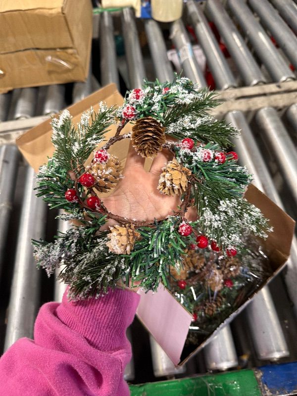 View 3 of *****SMALL****Jexine 8 Pieces Mini Christmas Wreaths for Kitchen Cabinet Small Christmas Candle Rings Wreaths Pillars Candle Rings Table Centerpieces Hanging Garlands for Front Door Window Decor (No Red Ribbon)