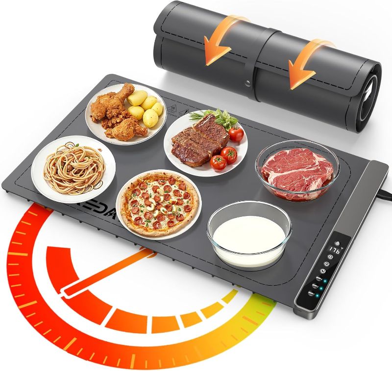 Photo 1 of **SIMILAR TO PHOTO** Food Warming Mat with 3-Zone Heating Mode, Redagod Electric Warming Tray with 9 Temperature & 8 Timer Settings, Hook and Roll Up Storage, Portable Countertop Food Heating Mat for Home Daily Use, Gray