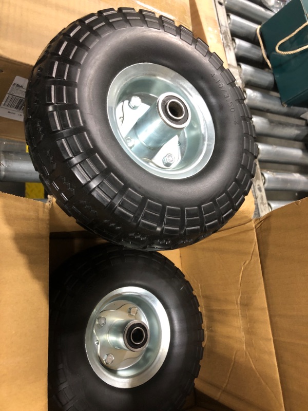 Photo 1 of (2 Pack) 10 Inch Solid Polyurethane Tire 4.10/3.50-4 Tire, 10" Flat Free Wheels with 5/8" Bearings, 2.2" Offset Hub for Garden Cart, Hand Truck, Lawn Cart, Mower