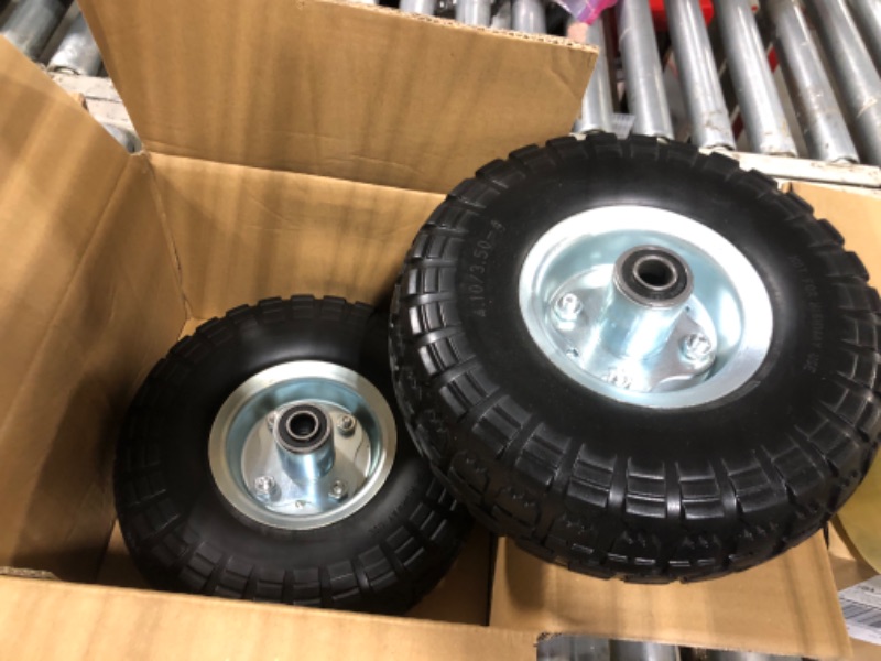 Photo 1 of (2 Pack) 10 Inch Solid Polyurethane Tire 4.10/3.50-4 Tire, 10" Flat Free Wheels with 5/8" Bearings, 2.2" Offset Hub for Garden Cart, Hand Truck, Lawn Cart, Mower