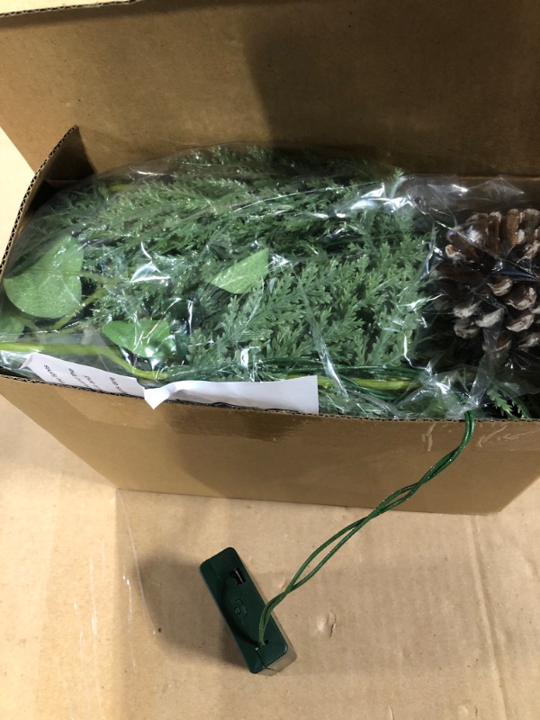 Photo 1 of [Snowy & Timer] 6 Ft Prelit Christmas Garland, Real Touch Cedar Garland with Lights,115 Cedar Branchs 25 Eucalyptus Leaves Red Berry Snowy Pinecones Garlands for Mantel Fireplace Table Christmas Decor