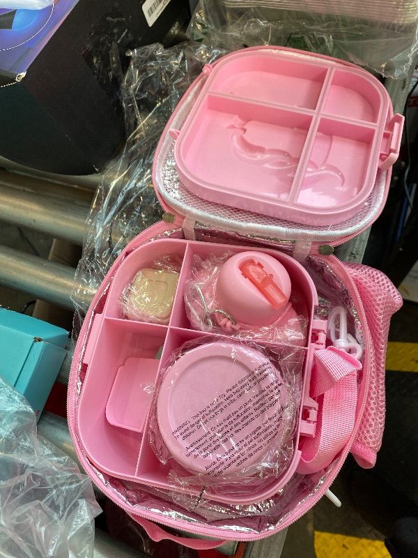 Photo 1 of ***MAJOR DAMAGE*** ***READ CLERK NOTES*** Aimsnk Kids Bento Lunch Box with 12oz Soup Thermo, Kids Leakproof Lunch Food Containers with 4 Compartment,Insulated Hot Food Jar with Lunch Bag for School, Travel (Pink+Pink Jar)