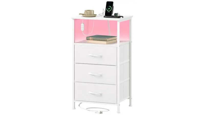Photo 1 of ****RETAIL PRICE $45.99***Eunos 3 Drawer White Nightstand with Charging Station, LED and Open Shelf for Bedroom, Living Room