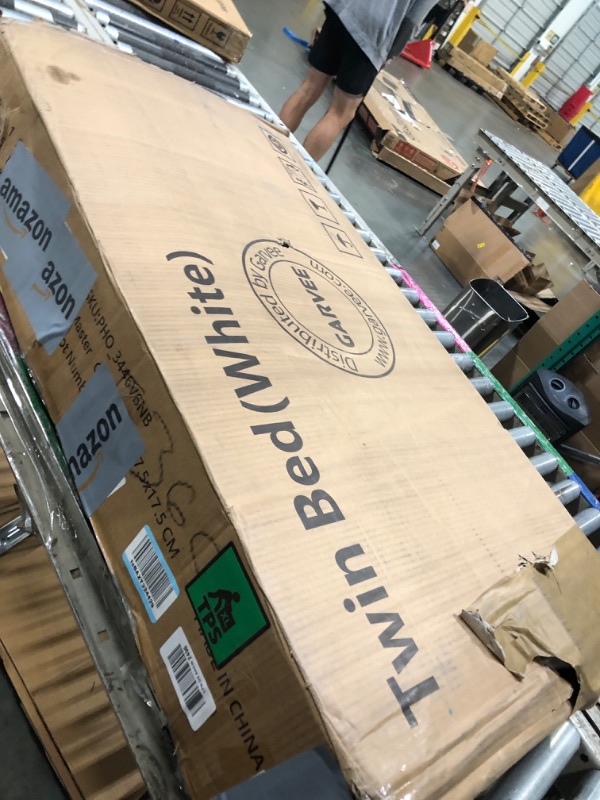 Photo 1 of Garvee LED Twin Size Bed Frame with Storage Headboard, Kids Bed Frame with 2 Drawers, Boucle Upholstered Platform Bed for Girls, Chic Wavy Headboard with Bookcase, No Box Spring Needed, White