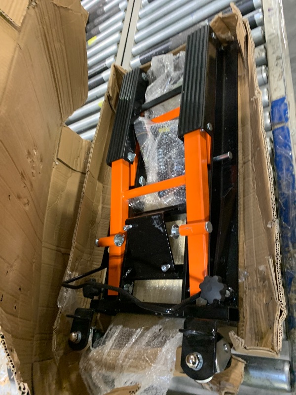Photo 1 of ***MISSING PARTS*** ***READ CLERK NOTES*** Nilight Motorcycle Lift Jack 1500 LBS Hydraulic Lifts ATV Scissor Jacks with Wheel Foot Pedal Handle Ratchet Belt Heavy Duty Lifter Stand Hoist Table for Dirt Bike Garage Storage Repair Tool,Orange