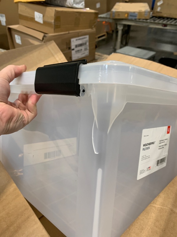 Photo 1 of ***MINOR DAMAGE*** IRIS USA File Box WeatherPro File Organizer Plastic File Box for Letter/Legal File, Water Resistant Document Box, Durable Lid, Seal w/ Secure Latching Buckles, Stackable, Nestable, Clear 32 Qt. 1Pack