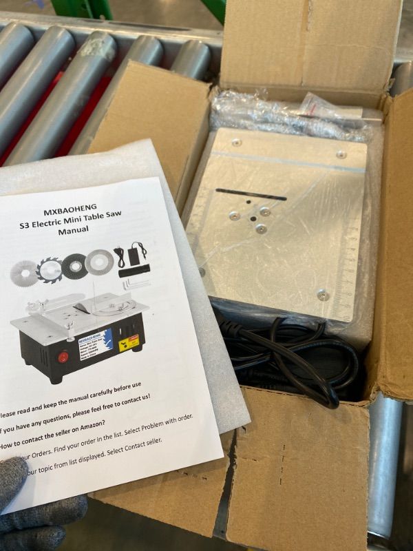 Photo 1 of *MINOR DAMAGE - USED*
MXBAOHENG Mini Table Saw S3 Portable Precision Craft Table Saw, 1/2" Adjustable Cut Depth, Seven Speed Adjustable Power Supply, for Small Hobby Woodworking Miniature Wood Craft Cutting