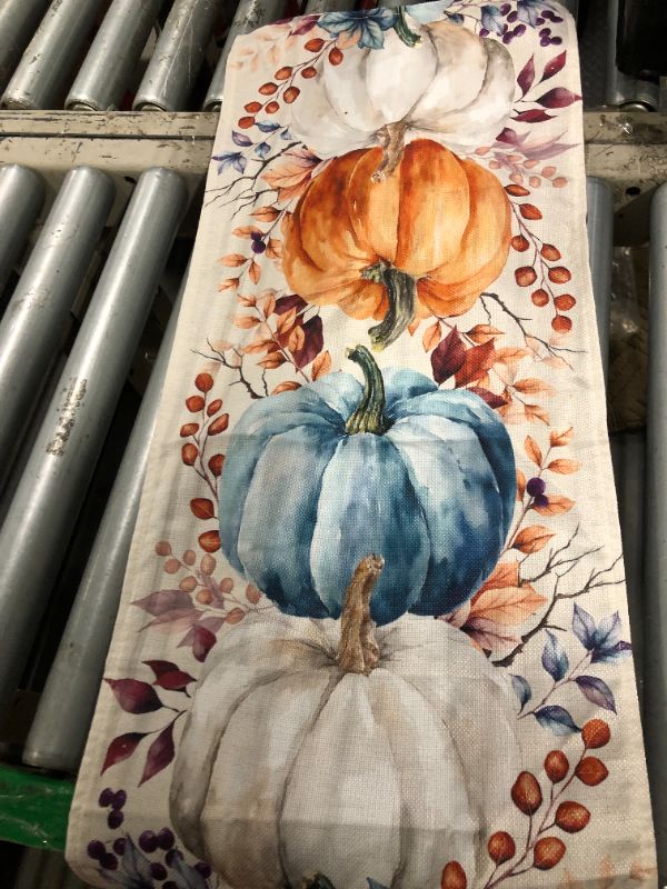 Photo 1 of ***SIMULAR*** Orange Blue Pumpkins Fall Table Runner 36 Inches Long for Kitchen Dining, Thanksgiving Eucalyptus Leaves Dresser Scarf Farmhouse, Autumn Dining Table Decorations for Wedding/Parties, 13 x 36 in