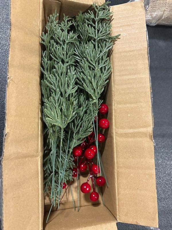 Photo 1 of **MISSING PARTS**
Watayo 45 Pcs Christmas Artificial Pine Branches with Red Berry Stems, 10.5" Faux Evergreen Norfolk Pine Cypress Leaves Stems, Fake Foliage Pine Needles Picks for DIY Craft Garland Home Decor