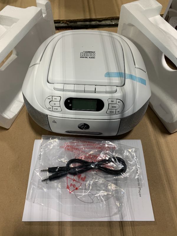 Photo 1 of *** WITHOUT REMOTE CONTROL AND POWER CABLE *** CD Cassette Player Combo, Hernpark Rechargeable Boombox with Bluetooth 5.1, CD Player with Remote Control, Tape Recording, FM Radio, Super Bass, Stereo Sound, Aux/USB Drive, Headphones Jack -White