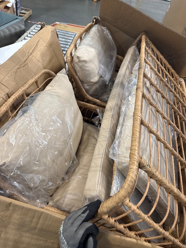 Photo 1 of YITAHOME Outdoor Patio Conversation Set 4 Pieces, Wicker Furniture with Soft Cushion & Coffee Table, Rattan Bistro Set Patio Set Chairs with Side Table for Backyard, Balcony, Deck, Beige