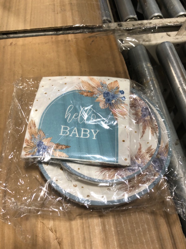 Photo 1 of ***forks missing*** 96 Pieces Dusty Blue Baby Shower Tableware Set Party Supplies - Pampas Grass Boho Blue Oh Baby Disposable Dinnerware with Paper Plates Napkins Forks for 24 Guests