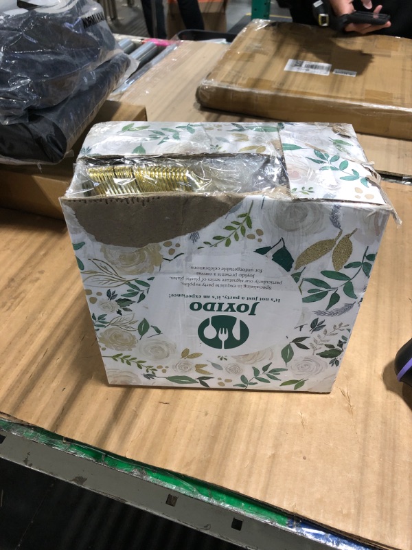 Photo 1 of ***only silverware inside*** all plates missing*** Joyido 125PCS White and Gold Plastic Plates - Gold Disposable Plates with Plastic Silverware - Vintage Disposable Dinnerware Set for 25 Guests for Christmas Parties Holiday