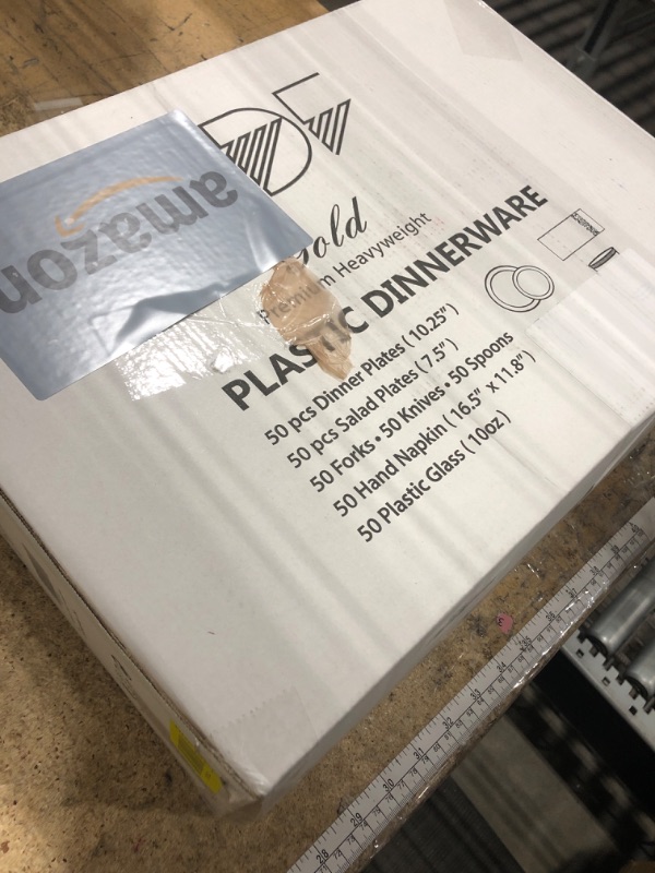 Photo 1 of 350 Pieces White and Gold Plastic Plates - 50 Guest Dinnerware Set Include 100 Plates, 50 Gold Plastic Silverware, 50 Paper Napkins and 50 Cups for Thanksgiving Party,Wedding