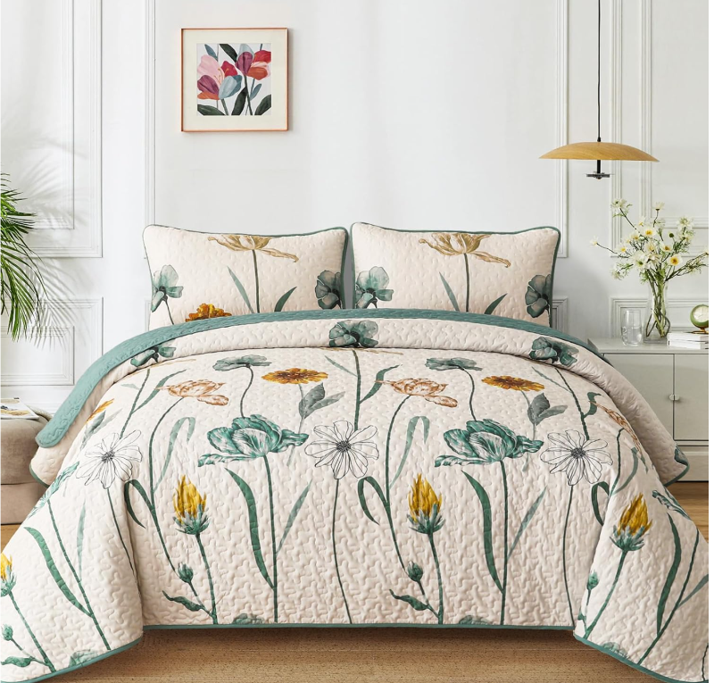 Photo 1 of **BLANKET ONLY** WONGS BEDDING Floral Quilt Set Queen,Green Yellow Floral Botanical Bedspread Bedding Set with 2 Pillowcase,Lightweight Spring Farmhouse Coverlet Set for All Season
Color: Aqua
Size: Queen (96“×90”?