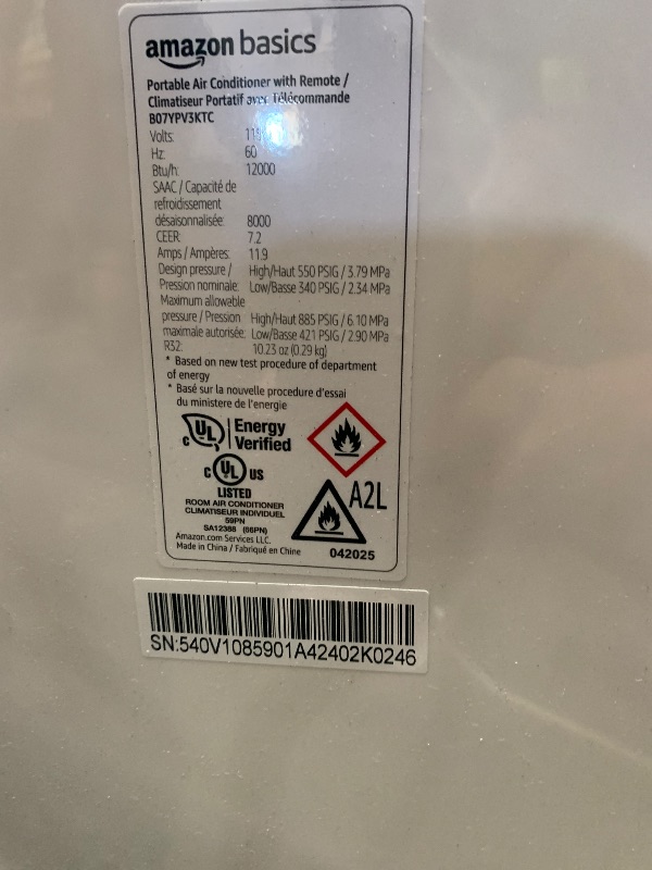 Photo 1 of (missing accessories) Amazon Basics 3-In-1 Portable Air Conditioner, 12000 BTU (ASHRAE), Cools Up to 550 Sqf, Portable AC with Cool/Dry