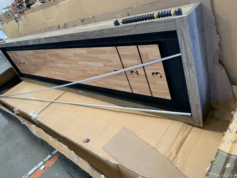 Photo 1 of ***missing parts***Hathaway Cheyenne 12 Ft Shuffleboard Table for Family Arcade Game Room - with Poly-Coated Playfield, Built-in Scorer & Cabinet, Climate Adjusters, Leg Levelers, 8 Pucks, Brush & Wax – Rustic Oak