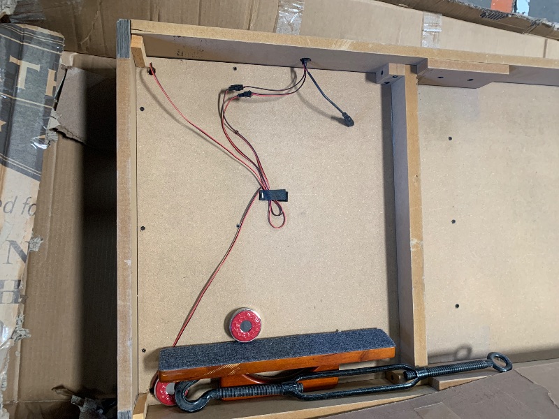 Photo 1 of ***missing parts***Hathaway Cheyenne 12 Ft Shuffleboard Table for Family Arcade Game Room - with Poly-Coated Playfield, Built-in Scorer & Cabinet, Climate Adjusters, Leg Levelers, 8 Pucks, Brush & Wax – Rustic Oak