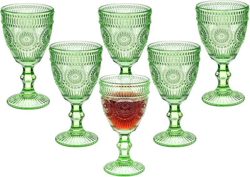 Photo 1 of **Only 5***
Kingrol Vintage Goblet Glasses Set of 6, 10 oz Heavy-Duty Pressed Glass Water or Wine Glasses with Ornate Design for Dining, Daily Use or Party Display