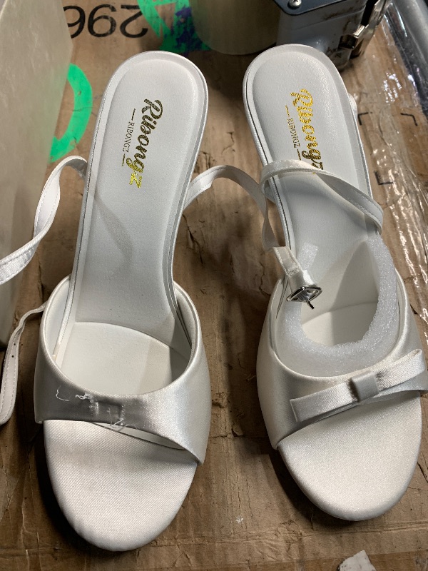 Photo 1 of ***(MISSING BOW)***RIBONGZ Women's High White Heels Round Open Toe Sexy Kitten Sandals Stiletto Heeled Pumps Ankle Strap Bridal Shoes with Bow Summer Wedding Party Casual Office Work 9.5