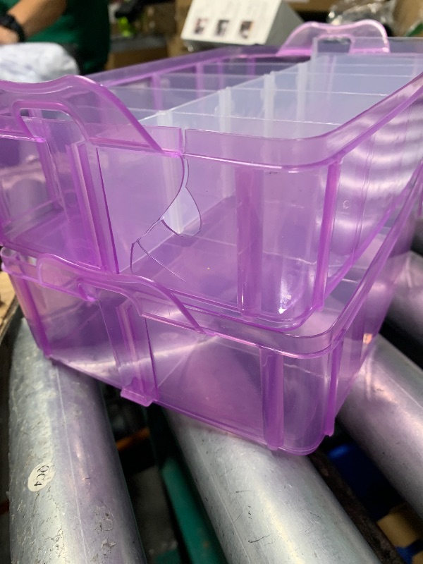 Photo 1 of **MISSING 2 LAYERS, SOME CRACKS** Sooyee 7 Layers Stackable Storage Container, 70 Adjustable Compartments Stackable Storage Container for Kids Toys, Art Crafts, Jewelry, Supplies, Mini Case & Letter Sticker Included,Clear,Purple